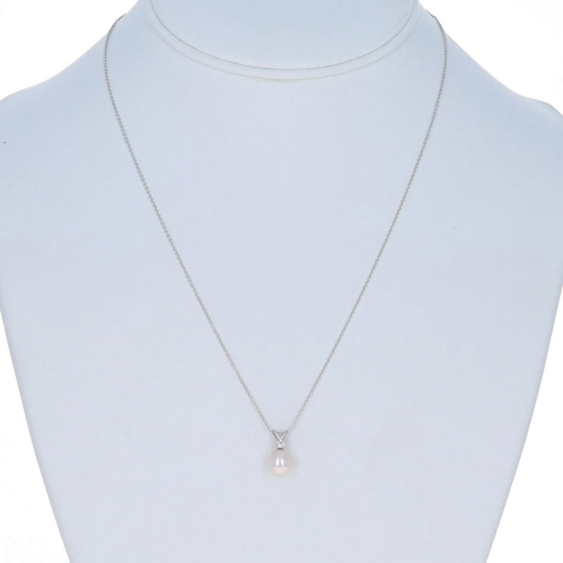 Akoya Pearl and Diamond Cable Chain Pendant Necklace White Gold