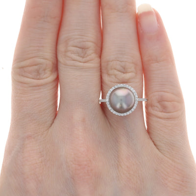 .35ctw Tahitian Pearl and Diamond Ring White Gold