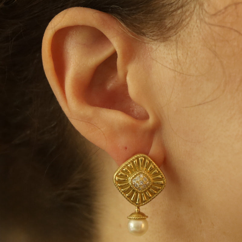 .27ctw Diamond and Akoya Pearl Earrings Yellow Gold