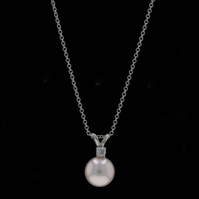 Akoya Pearl and Diamond Cable Chain Pendant Necklace White Gold