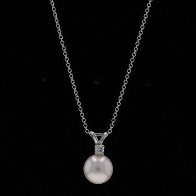 Akoya Pearl and Diamond Cable Chain Pendant Necklace White Gold