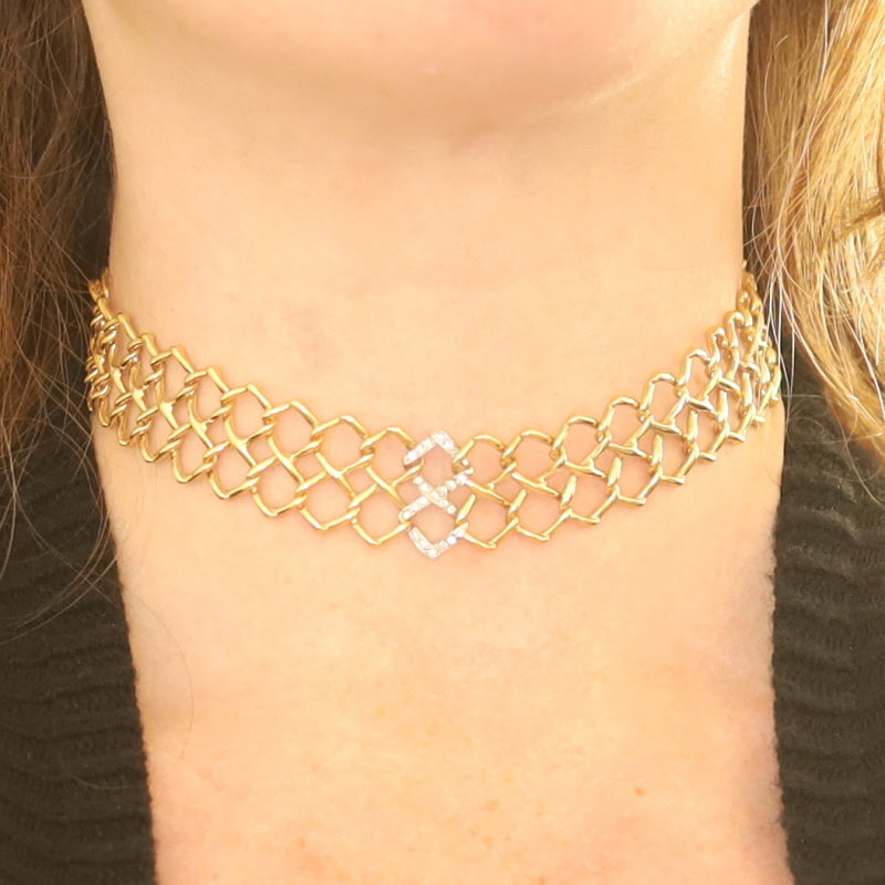 Tiffany & Co. Openwork Square Link Choker Necklace .40ctw Diamond Necklace Yellow Gold