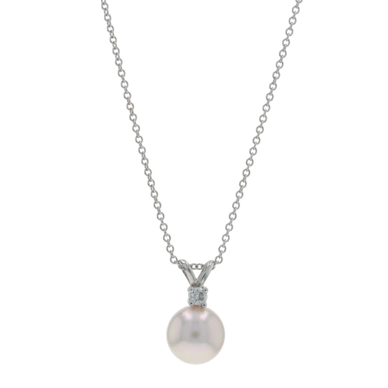 Akoya Pearl and Diamond Cable Chain Pendant Necklace White Gold