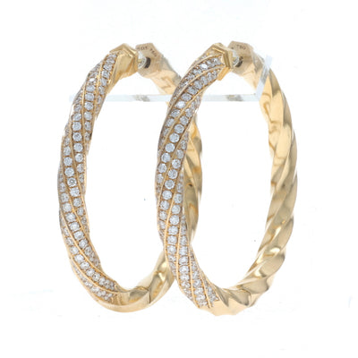 David Yurman Cable Edge Hoop Earrings 1.5in 1.84ctw Diamond Earrings Yellow Gold