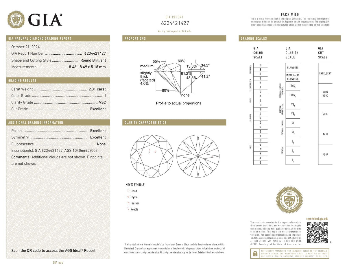 2.31ct Loose Diamond Round Brilliant Diamond GIA & AGS