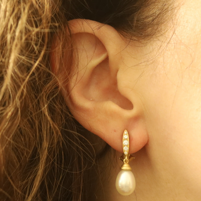 Elizabeth Rand .28ctw Freshwater Pearl and Diamond Earrings Yellow Gold