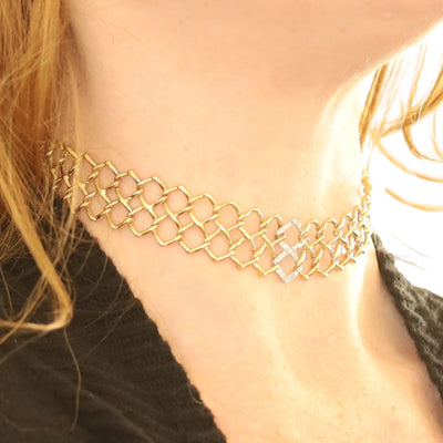 Tiffany & Co. Openwork Square Link Choker Necklace .40ctw Diamond Necklace Yellow Gold