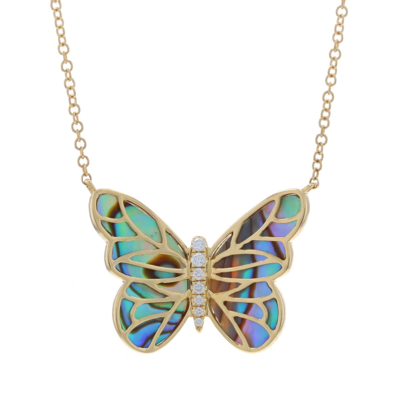 Abalone and Diamond Pendant Necklace Yellow Gold