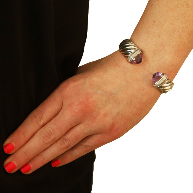 David Yurman Waverly Cuff Bracelet Size Medium .55ctw Amethyst and Diamond Bracelet Sterling Silver