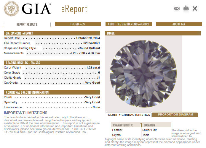 1.52ct Loose Diamond Round Brilliant Diamond GIA eReport