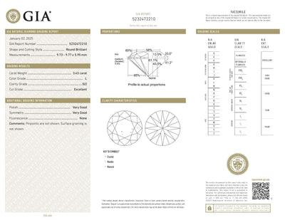 3.43ct Loose Round Brilliant Diamond GIA