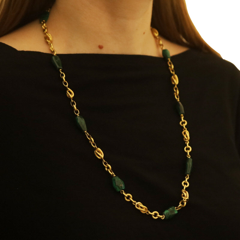 Malachite Fancy Chain Station Necklace Yellow Gold