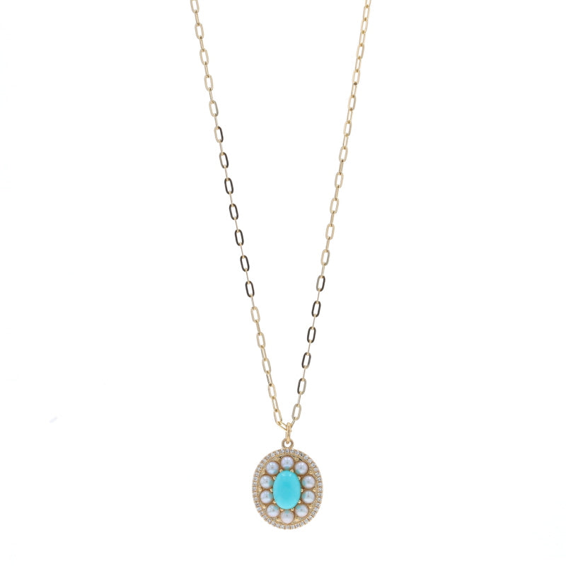 .10ctw Turquoise and Cultured Pearl Pendant Necklace Yellow Gold