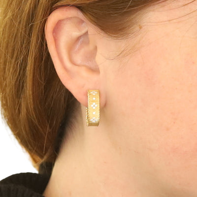 Roberto Coin Princess Square Hoop Earrings .38ctw Diamond and Ruby Earrings Yellow Gold