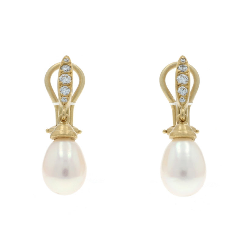 Elizabeth Rand .28ctw Freshwater Pearl and Diamond Earrings Yellow Gold