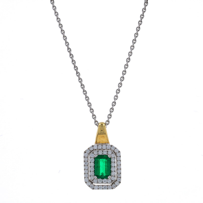 18K White Gold East West Set Oval Halo Emerald and Diamond Necklace  (6.0x4.0mm)