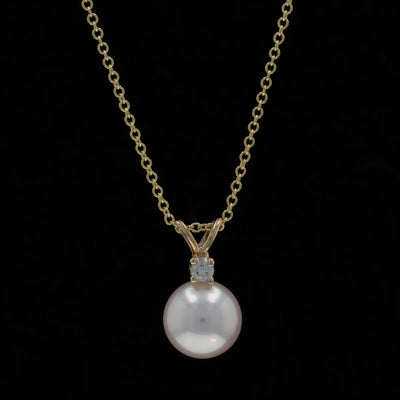 Akoya Pearl and Diamond Pendant Necklace Yellow Gold