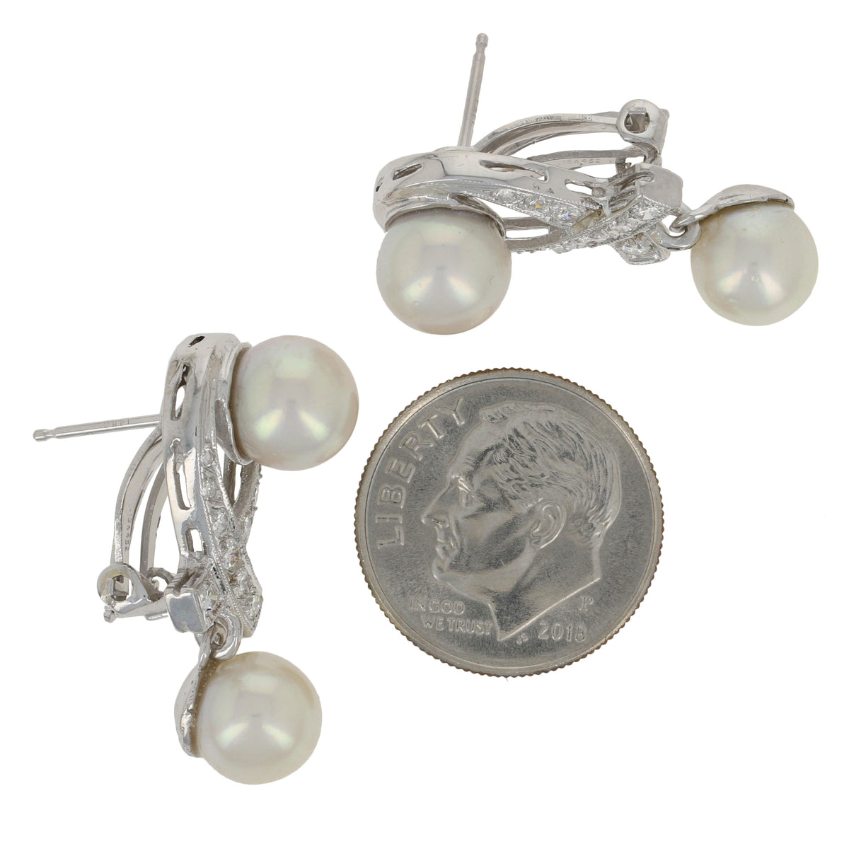 7.6 - 7.8mm Akoya Pearl & Diamond Earrings - 14k Gold Milgrain Ribbon Pierced