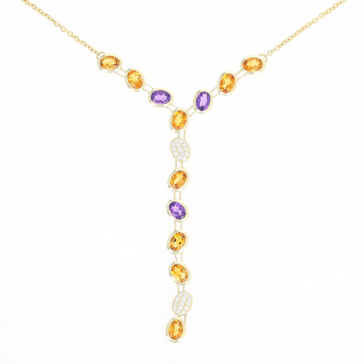 10.59ctw Citrine, Amethyst & Diamond Lariat Necklace Yellow Gold