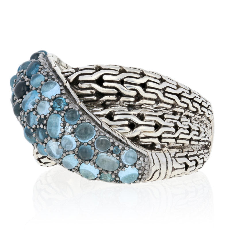 John Hardy Pave Blue Topaz Classic Chain Overlap Ring Sterling Silver