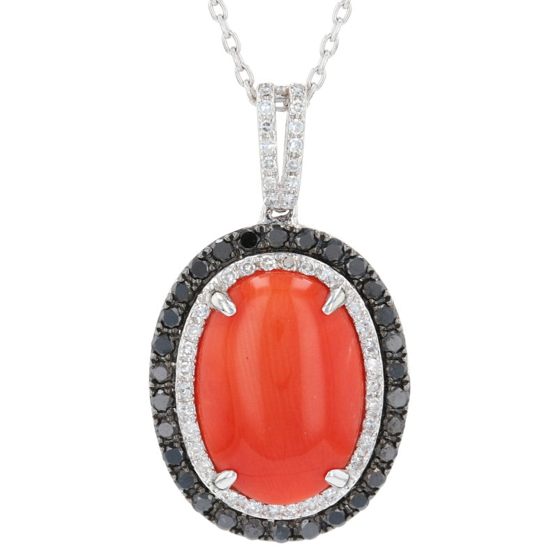 Coral & Diamond Halo Pendant Necklace White Gold