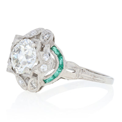 1.69ctw European Cut Diamond & Simulated Emerald Art Deco Ring GIA