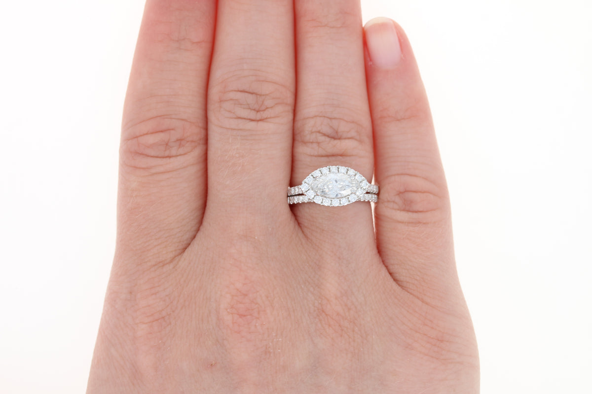 Marquise Diamond Halo Engagement Ring & Wedding Band