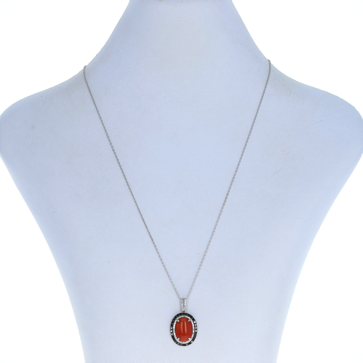 Coral & Diamond Halo Pendant Necklace White Gold