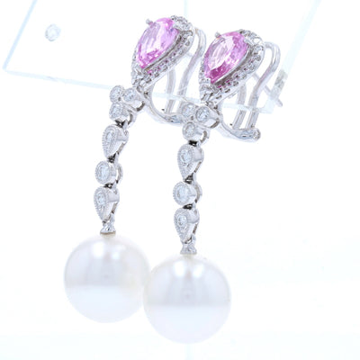 2.63ctw Pink Sapphire, Diamond, & Pearl Earrings White Gold