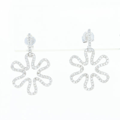 Diamond Flower Earrings - 14k White Gold Dangle Pierced Round Cut .68ctw