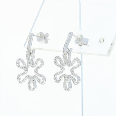 Diamond Flower Earrings - 14k White Gold Dangle Pierced Round Cut .68ctw