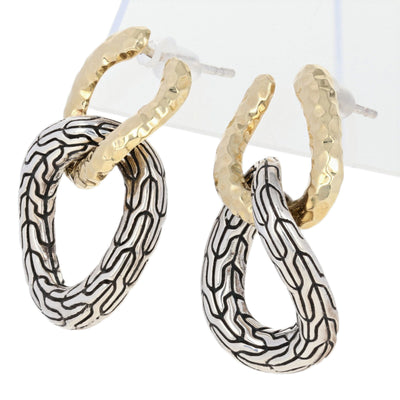 John Hardy Hammered Double Circle Classic Chain Earrings Sterling Silver & Yellow Gold