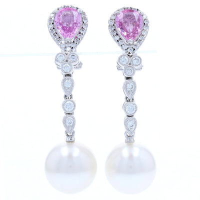 2.63ctw Pink Sapphire, Diamond, & Pearl Earrings White Gold