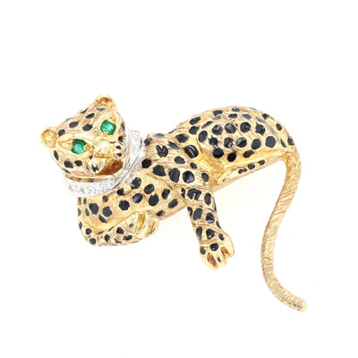 .18ctw Emerald & Diamond Leopard Brooch Yellow Gold
