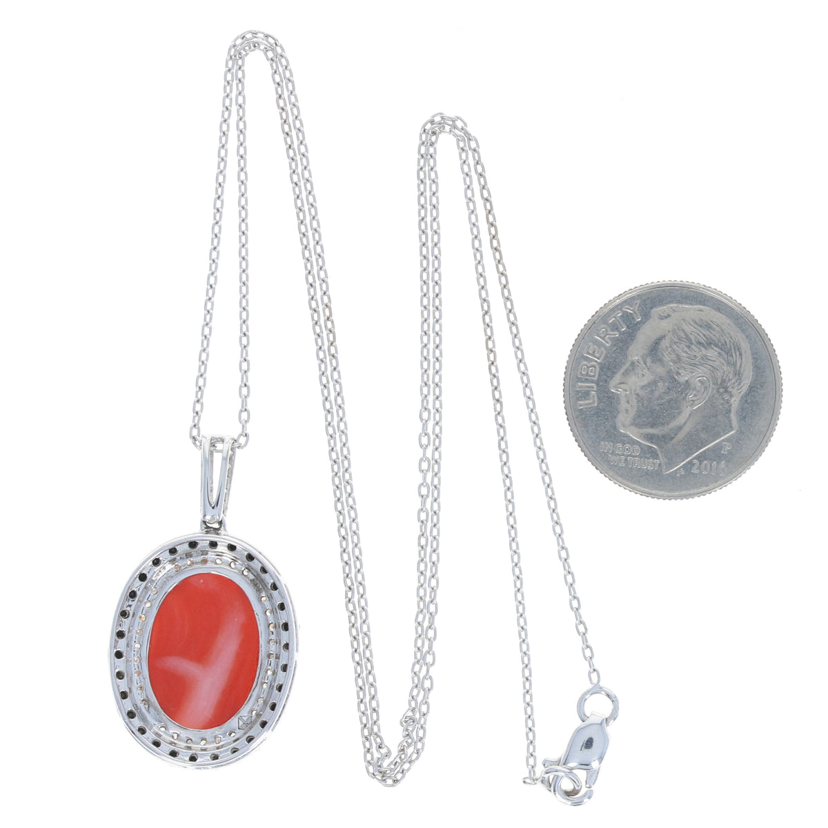 Coral & Diamond Halo Pendant Necklace White Gold