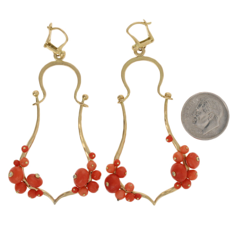 Coral & Diamond Earrings Yellow Gold