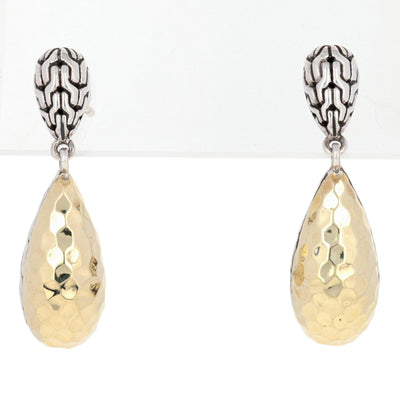 John Hardy Classic Chain Hammered Drop Earrings Sterling Silver & Yellow Gold