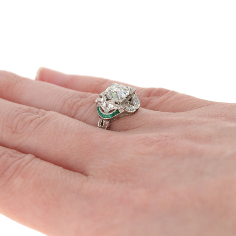 1.69ctw European Cut Diamond & Simulated Emerald Art Deco Ring GIA