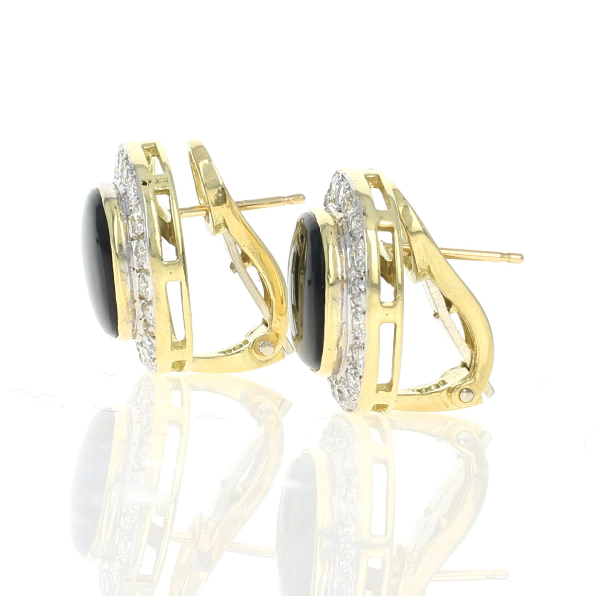 Onyx & Diamond Halo Earrings Yellow Gold