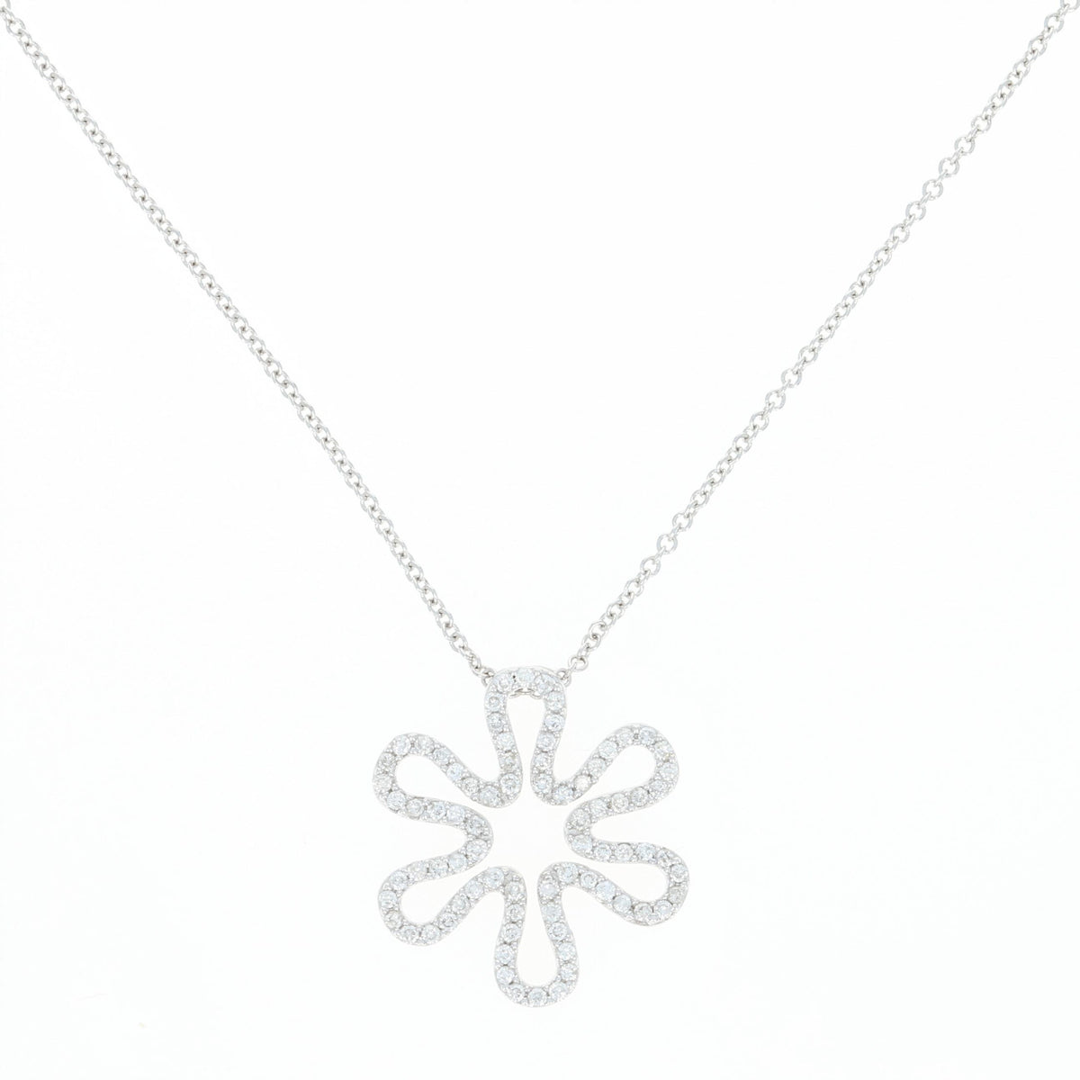 Diamond Flower Pendant Necklace 18" - 14k White Gold Round Cut .34ctw