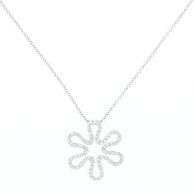 Diamond Flower Pendant Necklace 18" - 14k White Gold Round Cut .34ctw